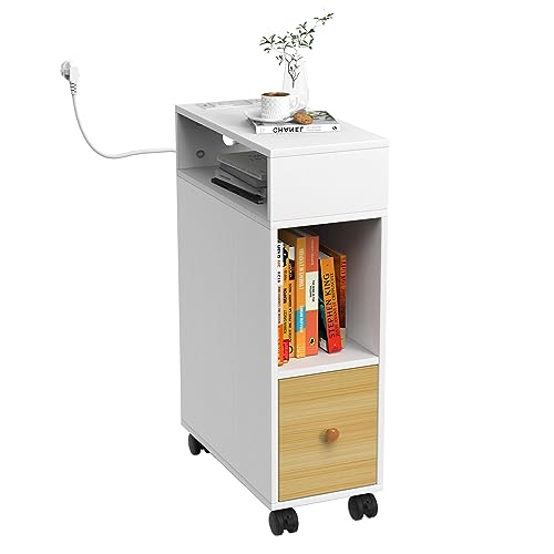 Chleby Schmaler Nachttisch mit Rollen - Weißer Beistelltisch mit 1 Schublade und Ablagefächern - 25x50x70cm von Chleby