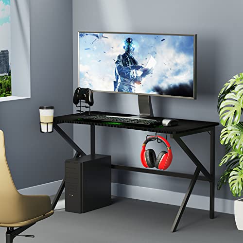 Chleby Schreibtisch Gaming Computertisch PC Tisch mit Getränkehalter und Kopfhörerhaken Schreibtisch mit Monitorständer 100x55x75 cm K-förmige Beine von Chleby