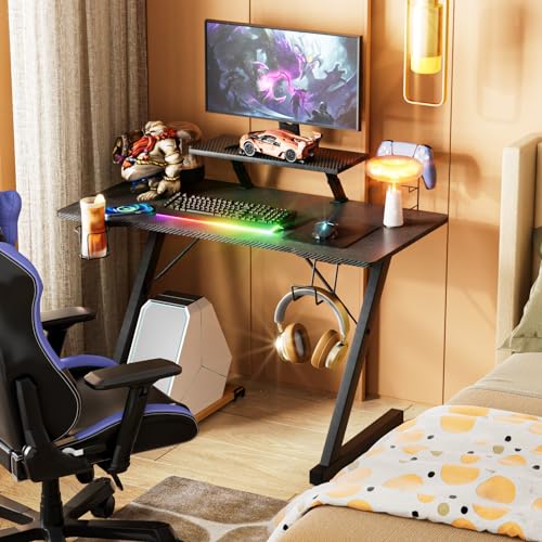 Chleby Schreibtisch Gaming Computertisch PC Tisch mit Getränkehalter und Kopfhörerhaken Schreibtisch mit Monitorständer 100x55x75 cm Z-förmige Beine von Chleby