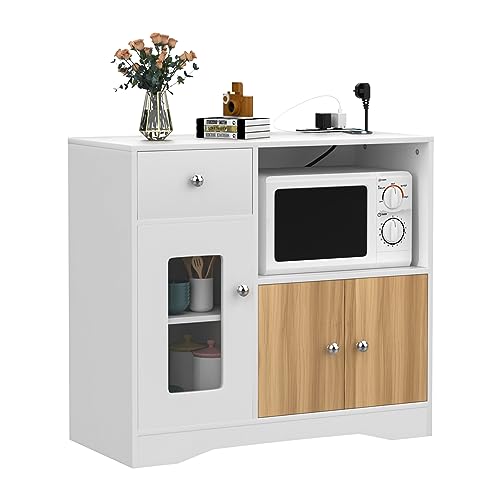 Chleby Sideboard Anrichte Mikrowelle Küche Anrichte mit Steckdose Moderne Küchenmöbel Wohnzimmer Stehschrank mit 3 Türen, geeignet für Küche, Wohnzimmer 83 x 40 x 80 cm von Chleby