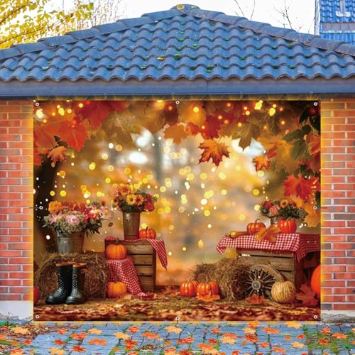 Garagentorabdeckung, Banner, 2,1 x 2,4 m, Herbst-Erntedankfest, Ahornblätter, Blumenernte, Kürbis, Herbst, Garagentor, Dekoration, Ernte, Party, Banner, Outdoor-Dekoration von ChloropLastid