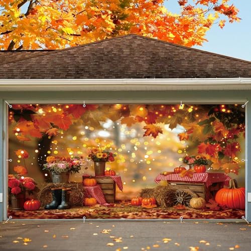 Garagentorabdeckung, Banner, 2,1 x 4,8 m, Herbst-Erntedankfest, Ahornblätter, Blumenernte, Kürbis, Herbst, Garagentor, Dekoration, Ernte, Party, Banner, Outdoor-Dekoration von ChloropLastid