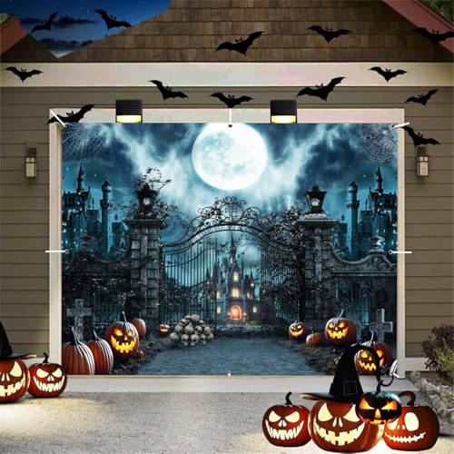 Halloween-Garagentor-Dekorationen, 2,1 x 2,4 m, gruseliger Friedhof, Friedhof, Halloween-Türabdeckung, großer hängender gruseliger Totenkopf-Kürbis-Laterne, Spukschloss, gruselige von ChloropLastid