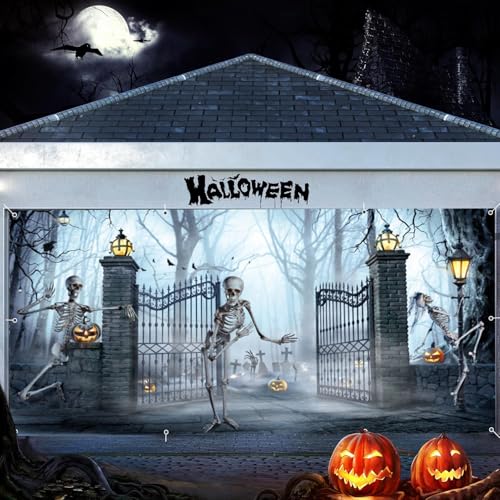 Halloween-Garagentor-Dekorationen, 2,1 x 4,8 m, gruseliger Friedhofskelett-Tanzhintergrund, Halloween-Garagentor-Banner, Abdeckung, Horror-Nacht, Wald, Friedhof, Hintergrund, gruselige von ChloropLastid