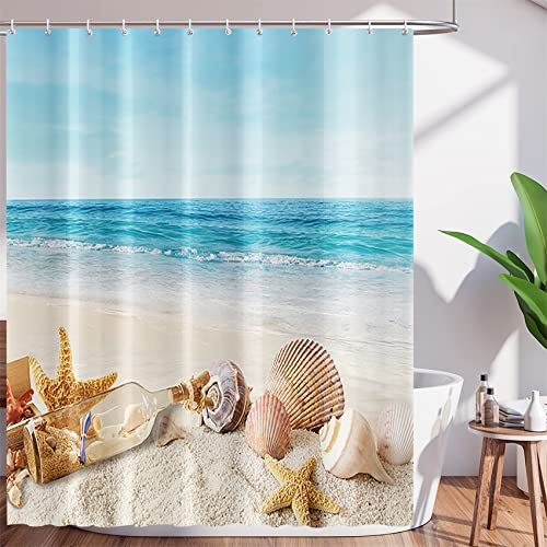 ChloropLastid Strandlandschaft Duschvorhang für Badezimmer Seestern Muschel Ozean Thema 183 x 183 cm Blau tropischer Ozean Wasserdichter Stoff Duschvorhang-Sets mit 12 Haken von ChloropLastid