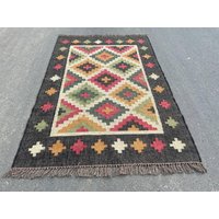 Schwarzer Regenbogen Karo Woll Kelim Teppich 150 X 250 cm Handgefertigter Teppich von ChoiceHomeRug