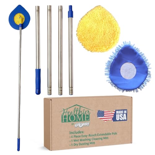 Chomp Staubwischmopp mit langem Griff: 5 Minuten CleanWalls ausziehbarer Wandwascher, Deckenreiniger und Bodenleisten-Staubwischer – Teleskopstaub/Nassreinigungsmop mit waschbarem Mikrofaser-Pad von Chomp