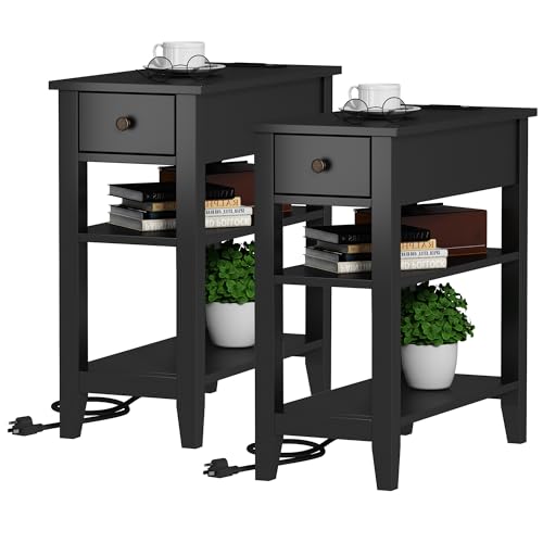 ChooChoo - 2er Set schwarze schmale Beistelltische mit Ladestation von ChooChoo