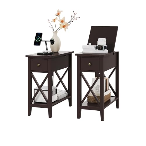 ChooChoo Beistelltisch 2er-Set, schmaler Klapptisch mit Schublade, akzentuierter kleiner Beistelltisch, Nachttisch für Wohnzimmer, Schlafzimmer und kleine Räume, Espresso von ChooChoo