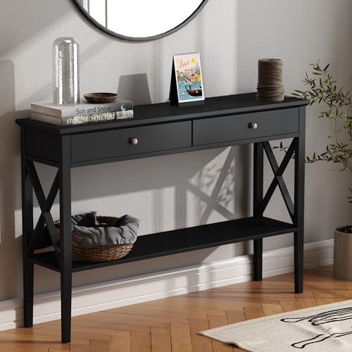 ChooChoo Konsolentisch mit Schubladen, schmaler Holzakzent, Sofatisch, Eingangstisch mit Ablagefläche für Eingangsbereich, Vorhalle, Flur, Wohnzimmer, Möbel, 119,4 cm, Schwarz ChooChoo Konsolentisch mit Schubladen, schmaler Holzakzent, Sofatisch, Eingangstisch mit Ablagefläche für Eingangsbereich, Vorhalle, Flur, Wohnzimmer, Möbel, 119,4 cm, Schwarz von ChooChoo