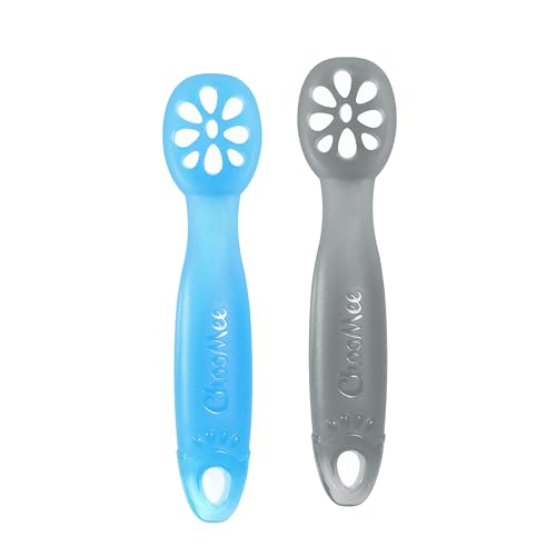 ChooMee FlexiDip Baby Starter Spoon | Platinum Silicone | First Stage Teething Friendly Learning Utensil | 2 CT | Blue Grey von ChooMee