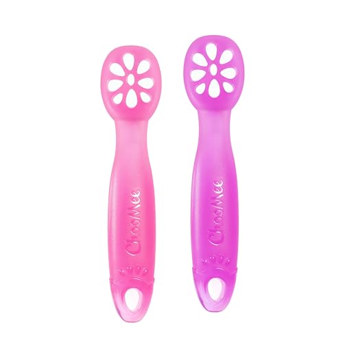 ChooMee FlexiDip Baby Starter Spoon | Platinum Silicone | First Stage Teething Friendly Learning Utensil | 2 CT | Pink Purple von ChooMee