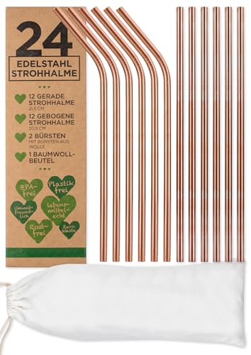 24 Strohhalme ROSÉGOLD aus Edelstahl/Metall + 2 Reinigungsbürsten + 1 Geschenk-Beutel - Eco Trinkhalm Set Umweltfreundlich Wiederverwendbar Nachhaltig & Plastikfrei von ChooseEco