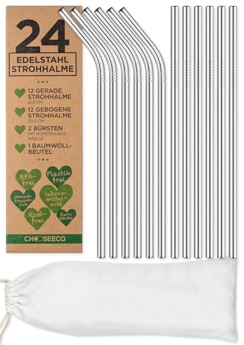 24 Strohhalme SILBER aus Edelstahl/Metall + 2 Reinigungsbürsten + 1 Geschenk-Beutel - Eco Trinkhalm Set Umweltfreundlich Wiederverwendbar Nachhaltig & Plastikfrei von ChooseEco