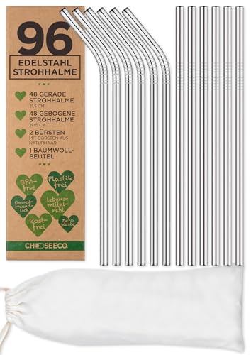 96 Strohhalme aus Edelstahl/Metall + 8 Reinigungsbürsten + 4 Geschenk-Beutel - Eco Trinkhalm Set Umweltfreundlich Wiederverwendbar Nachhaltig & Plastikfrei von ChooseEco