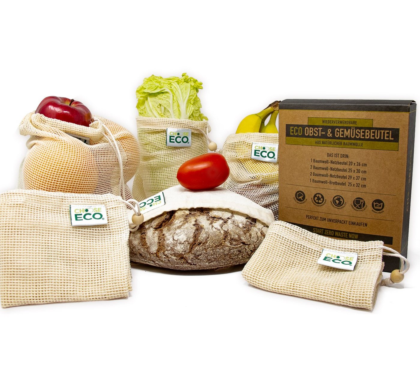 ChooseEco Gemüsebeutel 6er-Set Zero Waste", Obst- & Gemüsebeutel + Brotbeutel, 100% Bio, (Spar-Set)" von ChooseEco