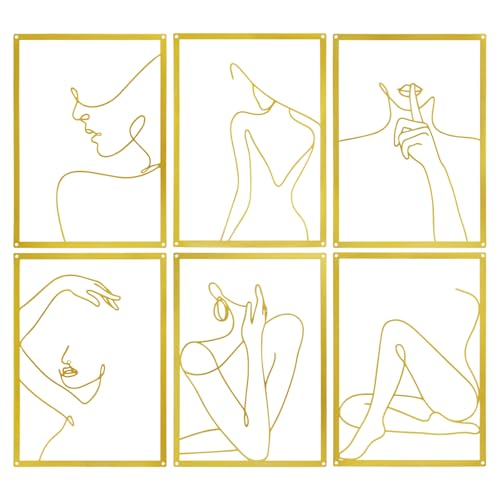 Chostky 6 Stück Metall Wandkunst Dekor, Moderne Linienzeichnung Minimalistische Abstrakte Frau Wandkunst, Weibliche Home Hanging Wall Art Decor für Schlafzimmer Wohnzimmer Bad Küche (Gold) von Chostky
