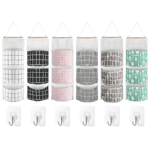 Chostky 6 Stück Wand hängende Aufbewahrungstasche, Wandschrank hängende Organisator, 3 Taschen wasserdicht über die Tür Leinen Farbric hängende Lagerung Poucher mit 6 Haken für Schlafzimmer Bad Küche von Chostky
