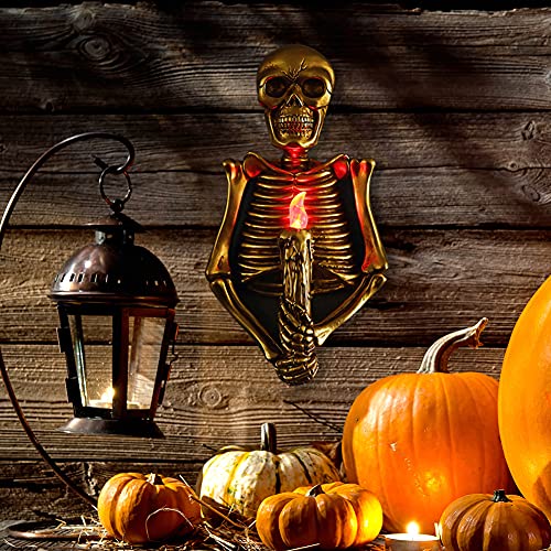 Chostky Schädel Flamme Lampe, Rotes Nachtlicht Skelett Licht, Geisterhaus Licht Schädel Figur Wand-montierte Lampe Gruselige Nachtlicht Halloween Dekor Harz Goldene Wandlampe Party Schädel Dekor von Chostky