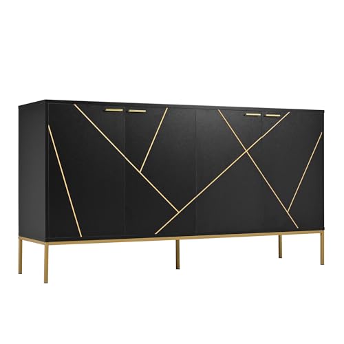ChouTangYu Modernes Sideboard mit Geometrischem Design, 150x80x40 cm, 4 Türen, Schwarz mit Goldakzenten, TV-Schrank/Kommode/Kleiderschrank mit Metallfüßen von ChouTangYu