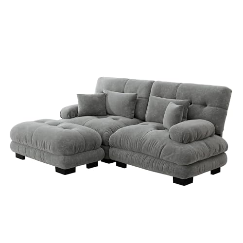 Cloud Ecksofa für Wohnzimmer, Chenille Polstersofa mit Ottomane, 220 x 145 cm, Modernes L-förmiges Ecksofa mit 2 Lendenkissen und 2 Dekokissen (Grey) von ChouTangYu