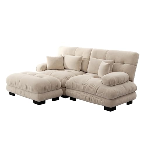 Cloud Ecksofa für Wohnzimmer, Chenille Polstersofa mit Ottomane, 220 x 145 cm, Modernes L-förmiges Ecksofa mit 2 Lendenkissen und 2 Dekokissen (Light Coffee) von ChouTangYu