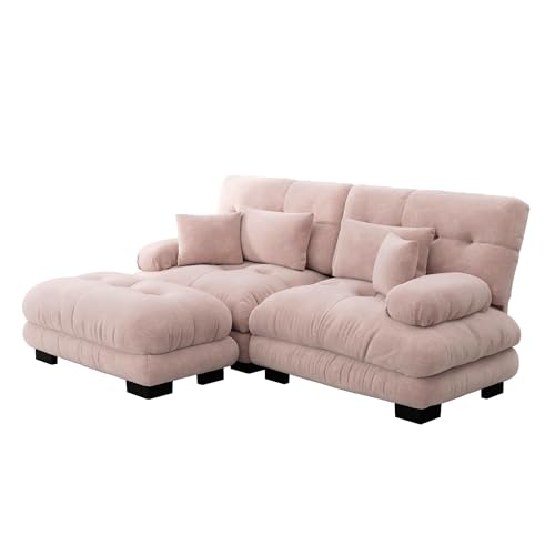 Cloud Ecksofa für Wohnzimmer, Chenille Polstersofa mit Ottomane, 220 x 145 cm, Modernes L-förmiges Ecksofa mit 2 Lendenkissen und 2 Dekokissen (Pink) von ChouTangYu