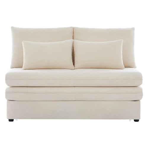 Modernes Schlafsofa mit Schlaffunktion, Chenille-Stoff, Klappbares Polstersofa, Aufbewahrungsbox, dicke Kissen, ausziehbare Aufbewahrungsbox. Geeignet für Wohnzimmer, Wohnungen usw. (Beige Chenille) von ChouTangYu