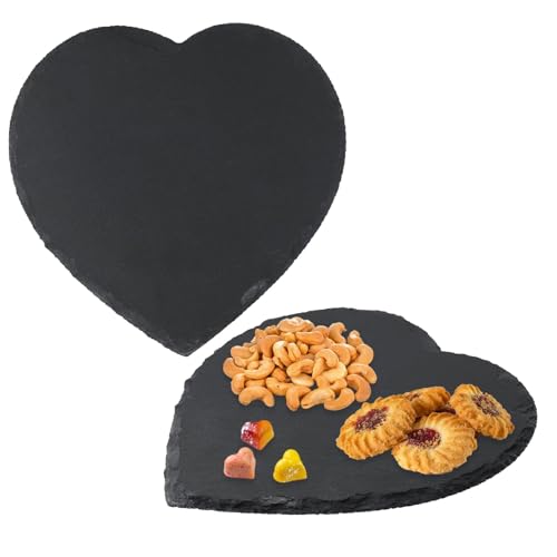 Chovbe Schieferplatte Herz 2er Set 20x20cm - Schieferplatte Servierplatte, Schwarz Schieferherzen für Buffet & Sushi, Rutschfeste Deko Untersetzer von Chovbe