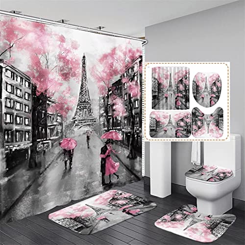 Chrainy 4 Stück Paris Eiffelturm rosa DuschvorhangSets BadezimmerSet Dekor mit rutschfesten Teppichen Bad Uförmige Matte WCDeckelabdeckung Wasserdicht Valentinstag Badezimmer Vorhänge Duschset mit 12 von Chrainy