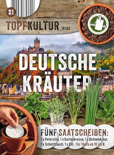 Saatscheiben Deutsche Kräuter, 5 Stk, 8 cm Durchmesser, 10g, Anzucht Samen-Set auf der Fensterbank oder dem Balkon, Gartenkresse, Bohnenkraut, Schnittlauch, TopfDill, Petersilie von Chrestensen