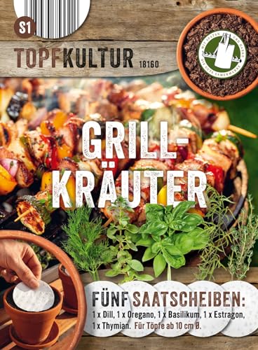 Saatscheiben Grill-Kräuter-Mix, 5 Stk, 8 cm Durchmesser, 10g, Anzucht Samen-Set auf der Fensterbank oder dem Balkon, TopfDill, Basilikum, Estragon, Thymian, Oregano, ganzjährig von Chrestensen