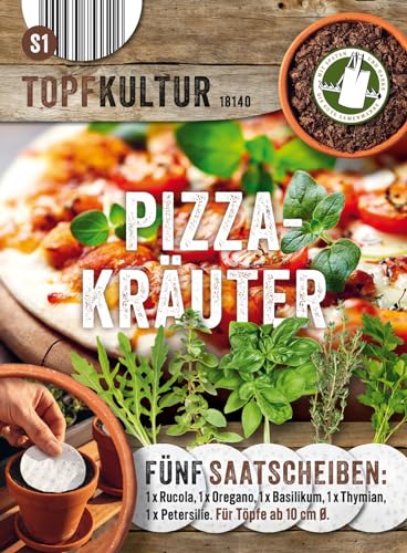 Saatscheiben Pizza-Kräuter, 5 Stk, 8 cm Durchmesser, 10g, Anzucht Samen-Set auf der Fensterbank oder dem Balkon, Rucola, Oregano, Thymian, Basilikum, Petersilie, ganzjährig von Chrestensen