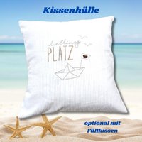 Maritime Kissenhülle 40x40cm Kissenbezug Lieblingsplatz Mit Boot Fisherman Vibes Wohndeko Strandhaus Beach Living Urlaub Am Meer von ChrisPatchy