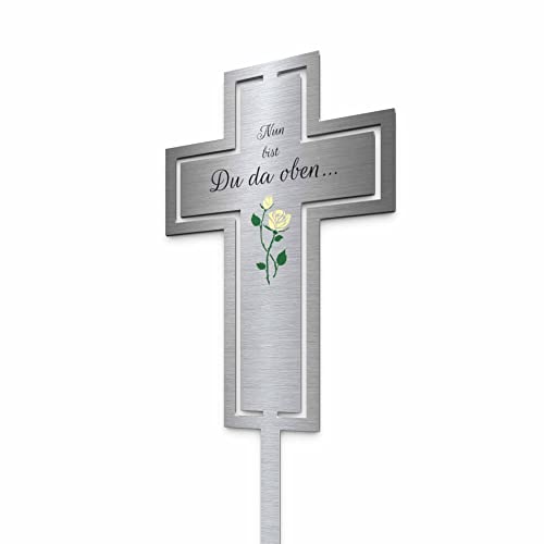 Edelstahl Grabkreuz - Grabstecker in Kreuz Form | Personalisierte Metall Grabdekoration Grabschmuck wetterfest | persönliche Friedhof Grab Deko für Grabgestecke | Trauer (Festes Design) von Chrisck Design