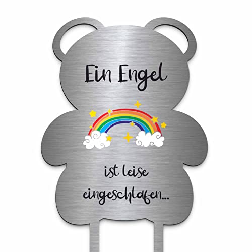 Edelstahl Grabstecker - Blumenstecker als Teddybär | Personalisiertes Sternenkind Andenken - Sternenkinder Grabschmuck wetterfest | persönliche Friedhof Grab Kindergrab Dekoration (Festes Design) von Chrisck Design