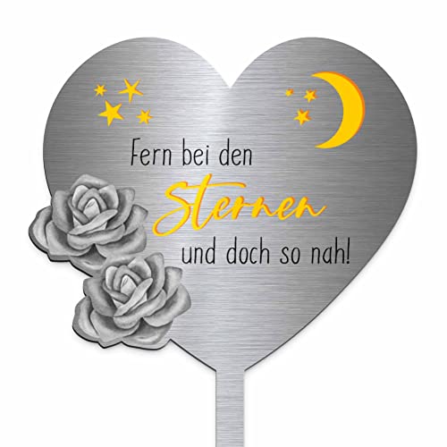 Edelstahl Grabstecker - Grabherz | Personalisierte Grabdekoration Grabschmuck wetterfest | persönliche Friedhof Grab Deko | Herzstecker Blumenstecker Herzform | Trauer Geschenk (Festes Design) von Chrisck Design