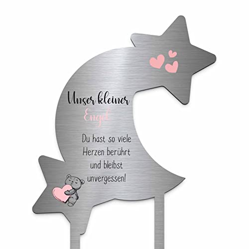 Edelstahl Grabstecker Mond & Sterne - Blumenstecker Metall | Personalisiertes Sternenkind Andenken - Sternenkinder Grabschmuck wetterfest | persönliche Friedhof Grab Kindergrab Deko (Festes Design) von Chrisck Design