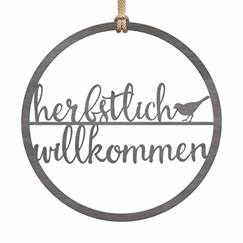Holz Kranz Herbst - Dekokranz Tür Haustür - toller Herbstkranz zum Aufhängen - Herbstlicher Türkranz Outdoor & Indoor - Herbsttürkränze Herbstdekoration Holzring - Willkommen Schild (Festes Design) von CHRISCK design