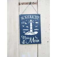 Holzschild Maritim Nordlicht Leuchtturm Moin Shabby Deko Landhaus Schabloniert Handbemalt Türdeko Wohndeko Nr.hos009 von ChrissysAtelier