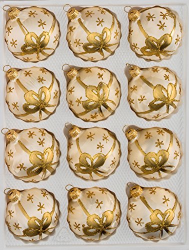 12 TLG. Glas-Weihnachtskugeln Set in Ice Champagner Goldene Schleife - Christbaumkugeln - Weihnachtsschmuck-Christbaumschmuck von Christbaumkugeln-24.de