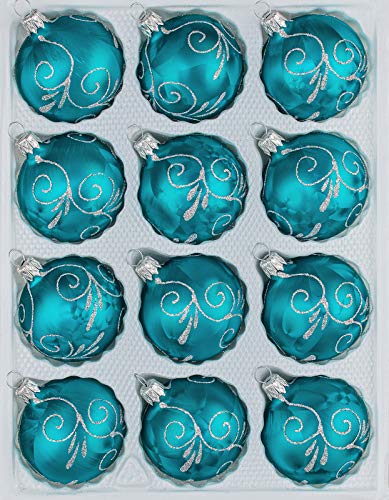 12 TLG. Glas-Weihnachtskugeln Set in 'Ice Petrol-Türkis Silberne Ornamente' - Christbaumkugeln - Weihnachtsschmuck - Christbaumschmuck von Christbaumkugeln-24.de