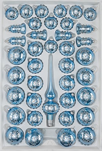 39 TLG. Glas-Weihnachtskugeln Set in Hochglanz-Blau-Silberne-Ornamente - Christbaumkugeln - Weihnachtsschmuck-Christbaumschmuck von Christbaumkugeln-24.de