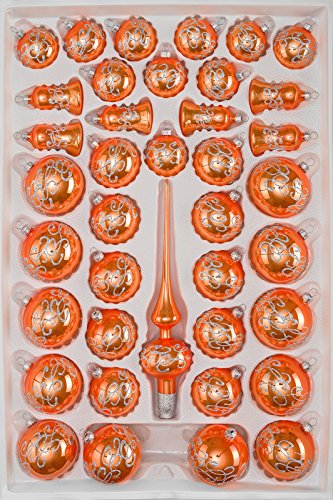 39 tlg. Glas-Weihnachtskugeln Set in "Hochglanz-Orange-Silberne-Ornamente - Christbaumkugeln - Weihnachtsschmuck-Christbaumschmuck von Christbaumkugeln-24.de