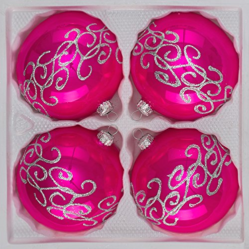 4 TLG. Glas-Weihnachtskugeln Set 10cm Ø in 'Hochglanz-Pink-Silberne-Ornamente - Neuheit -' Christbaumkugeln - Weihnachtsschmuck-Christbaumschmuck 10cm Durchmesser von Christbaumkugeln-24.de