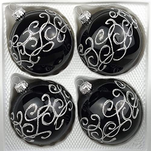 4 TLG. Glas-Weihnachtskugeln Set 10cm Ø in Hochglanz-Schwarz-Silberne-Ornamente Neuheit - Christbaumkugeln - Weihnachtsschmuck-Christbaumschmuck 10cm Durchmesser von Christbaumkugeln-24.de