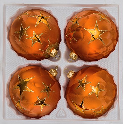 4 TLG. Glas-Weihnachtskugeln Set 10cm Ø in Ice Orange Gold Goldener Stern - Christbaumkugeln - Weihnachtsschmuck-Christbaumschmuck 10cm Durchmesser von Christbaumkugeln-24.de
