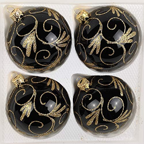 4 TLG. Glas-Weihnachtskugeln Set 10cm Ø in Hochglanz Schwarz Goldene Ornamente Edle Neuheit - Christbaumkugeln - Weihnachtsschmuck-Christbaumschmuck 10cm Durchmesser von Christbaumkugeln-24.de