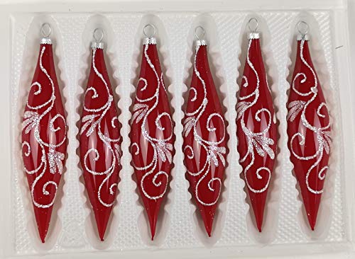 6 TLG. Glas-Zapfen Set in Hochglanz Modern Rot Weisse Ornamente Edle Neuheit - Christbaumkugeln - Weihnachtsschmuck-Christbaumschmuck von Christbaumkugeln-24.de