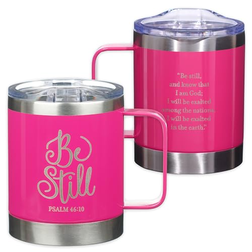 Christian Art Gifts Doppelwandiger, vakuumisolierter Reisebecher im Camp-Stil, Edelstahl, 325 ml, rosa Kaffeetasse mit einziehbarem Deckel und Griff, für Damen, mit Bibelvers – Be Still - Psalm 46:10 von Christian Art Gifts